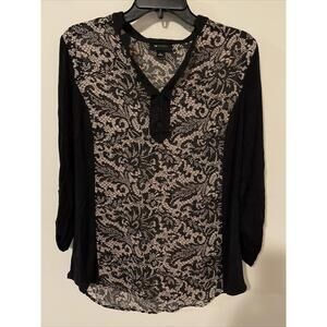 AB Studio Women’s, Large, Black, Sheer, V-neck, Long Sleeved, Blouse! A2380